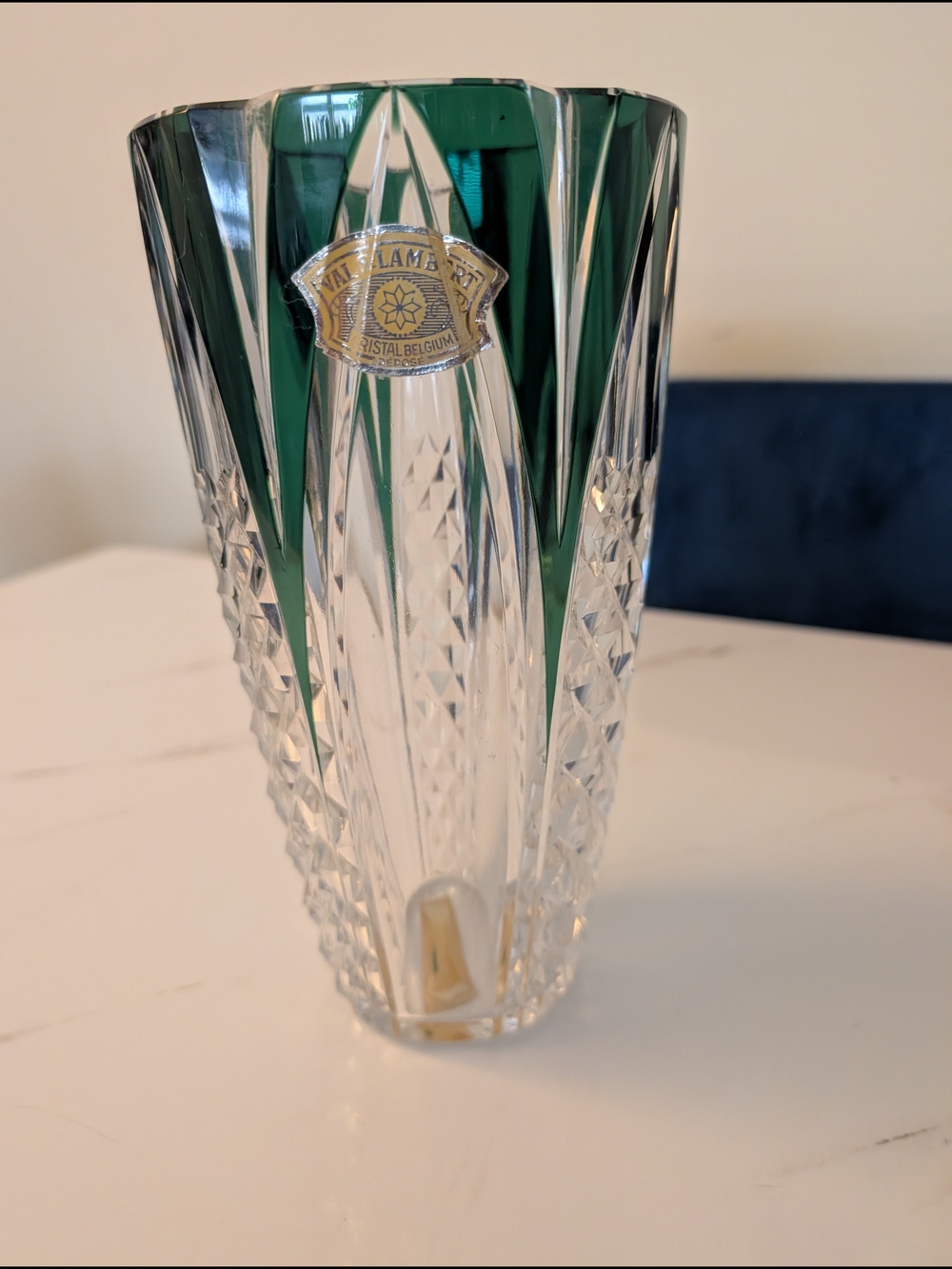 MINT 1969 Val Saint Lambert 9” Emerald Green Crystal Vase Belgian Art Deco